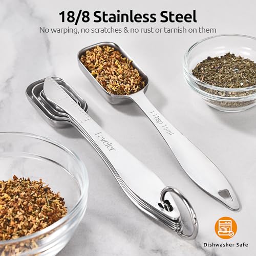 U-Taste Narrow Square Measuring Spoons: 18/8 Stainless Steel Kitchen Measure Teaspoon Tablespoon with Leveler, Polygon Rectangular Metal Jar Scoop for Baking Cooking, Coffee, Spice, Powder (Set of 6) - size: S-5+1 pcs (square)