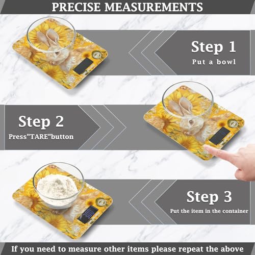 Yellow Sunflowers Bunny Food Scale Kitchen Digital Scale Food Ounces and Grams Dieting Baking Cooking Waterproof Glass Panels LCD Display,4 Units Tare Function - color: Yellow Rabbit Sunflower