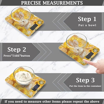Yellow Sunflowers Bunny Food Scale Kitchen Digital Scale Food Ounces and Grams Dieting Baking Cooking Waterproof Glass Panels LCD Display,4 Units Tare Function - color: Yellow Rabbit Sunflower