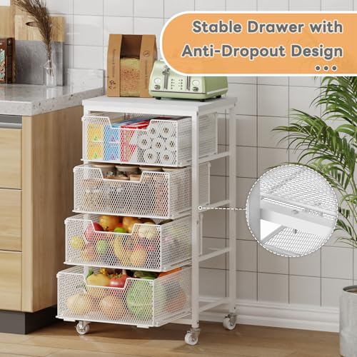 4-Tier Kitchen Storage Cart - Fruit Vegetable Storage Cart with Drawers, Wooden Top Metal Wire Kitchen Organizer and Storage Cart with Wheels to Storage Onions Potatoes Cans Snacks for Kitchen - size: White