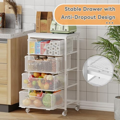 4-Tier Kitchen Storage Cart - Fruit Vegetable Storage Cart with Drawers, Wooden Top Metal Wire Kitchen Organizer and Storage Cart with Wheels to Storage Onions Potatoes Cans Snacks for Kitchen - size: White