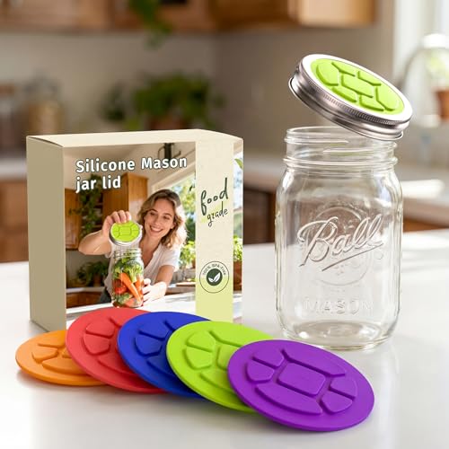 Effortless Fermenting: 5-Pack Silicone Fermentation Lids for Wide Mouth Mason Jars,Self-Burping, One-Way Airlock Valve & BPA-Free,Perfect for Sauerkraut, Kimchi & Probiotic Pickles - style: Wide Mouth/3.38(inch)/5P