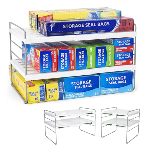 Pantry Organization and Storage for Kitchen - Expandable Kitchen Wrap Box Organizer Rack, Foil Organizer for Cabinet & Counter, Height & Width Adjustable Cupboard Storage Rack - (3 Tier 9.8 to 15.6"L) - color: White-1P