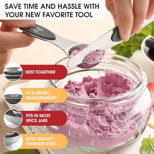 Spring Chef Stainless Steel Magnetic Measuring Spoons Set of 8 with Leveler, Dual Sided Metal Teaspoon & Tablespoon Measuring Spoons - Kitchen Gadgets For Baking and Cooking, Gray - color: Gray, size: 1-Pack