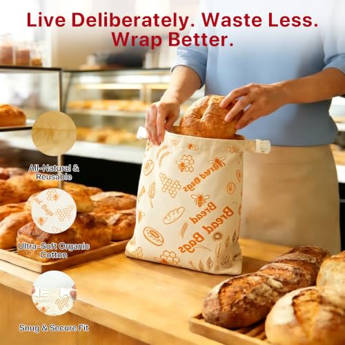 Reusable Beeswax Bread Bags Sourdough - Large Linen Bees Wax Bag for Storage Homemade Loaf - Cotton and Waxed Wrap Lined Container Lined for Sour Dough Fresh Food - Sealable Bread Keeper 2PK Set Gifts
