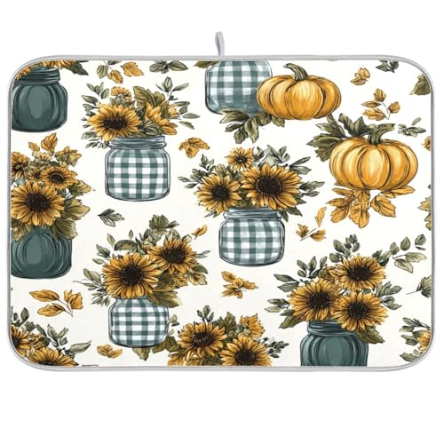 Autumn Sunflower Mason Jar Art Dish Drying Mat Super Absorbent Drying Mat Large Dish Drying Mats for Kitchen Counter Easy Clean Dish Mat Kitchen Drying Mats 18 x 16 Inch - size: 16x18in