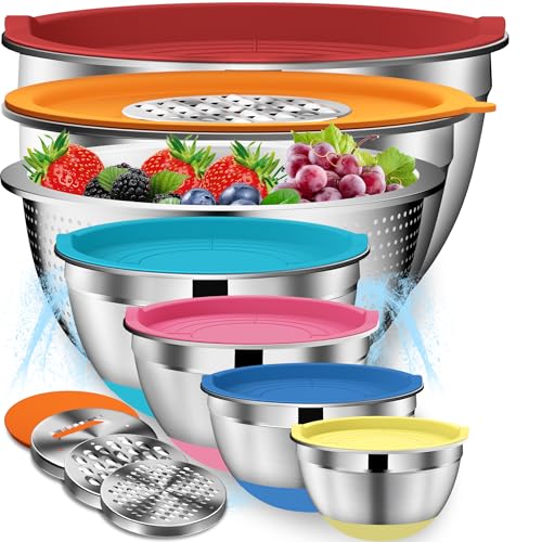DUTZUN Mixing Bowls with Lids Set - 16pcs Stainless Steel Mixing Bowl Set with Colander, 3 Grater Attachments, Non-Slip Bottom, Metal Nesting Bowls with Strainer for Mixing & Serving - Multicolor - style: 16PCS Multicolor W Nonslip Silicone