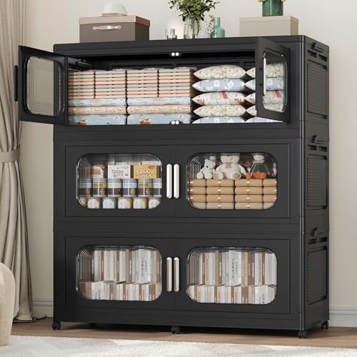 Extra Large 150GAL Storage Bins with Lid, 600QT Stackable Collapsible Plastic Storage Containers with Wheels, Folding Closet Organizer for Home, Office, Kitchen, 3Pack Black - color: Black, size: 50Gal-3Pack