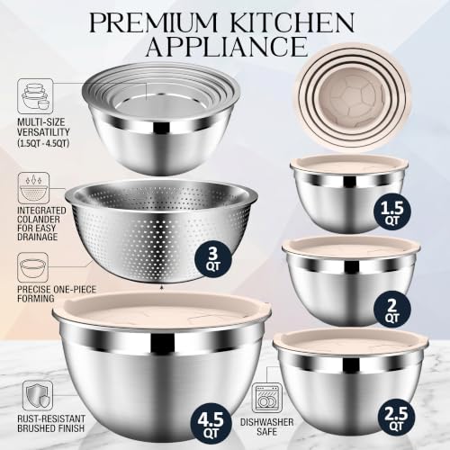 DUTZUN Stainles Steel Mixing Bowls with Lids Set, Stackable Metal Mixing & Serving Bowl with Strainer, 5-Piece - Beige - style: 9PCS Beige