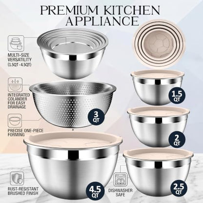 DUTZUN Stainles Steel Mixing Bowls with Lids Set, Stackable Metal Mixing & Serving Bowl with Strainer, 5-Piece - Beige - style: 9PCS Beige