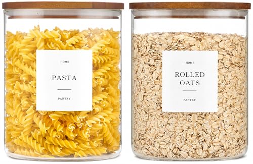 2 Pack Glass Rice Containers with Acacia Wood Lids, 70oz Airtight Flour and Sugar Jars with 105 Labels, Large Glass Pantry Storage Jars for Cereal, Protein Powder, Cookies, Dry Food - size: 70oz 2 Pack