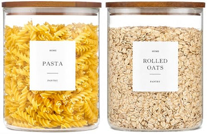 2 Pack Glass Rice Containers with Acacia Wood Lids, 70oz Airtight Flour and Sugar Jars with 105 Labels, Large Glass Pantry Storage Jars for Cereal, Protein Powder, Cookies, Dry Food - size: 70oz 2 Pack
