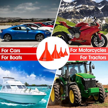 DEDC Oil Funnels, Gas Funnels, Plastic Funnel Set for Car, Automotive, Kitchen, Mini Small Large Red (4pcs Gas Plastic Funnel)