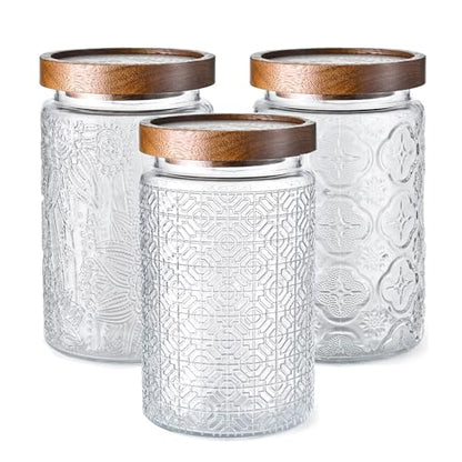 Adodeen 3-Pack 32oz Glass Jar With Airtight Lid,Kitchen Canisters For Countertop,Coffee Sugar Container Set,Pantry Glass Storage Containers For Flour,Candy,Loose Tea,Snack jar - color: Sunflower/Bigonia/Window-32oz