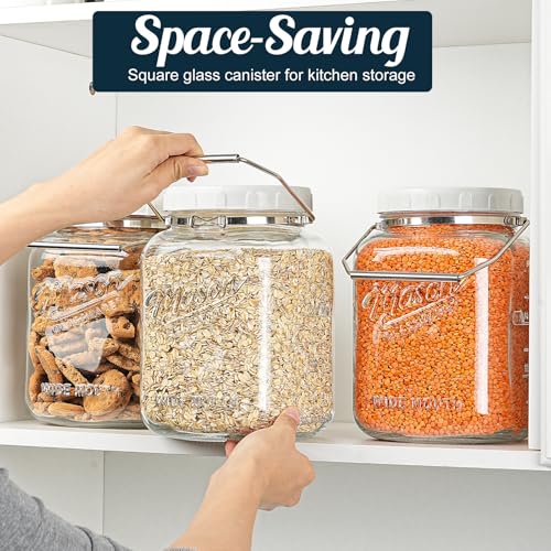 2 Pack Square Wide Mouth Mason Jars, 1 Gallon Glass Jar With Airtight Lid and Scale Marks, 128 FL Oz/3785 ML Food Storage Containers with Handles & Non-slip Bases - for Flour, Rice, Pickling