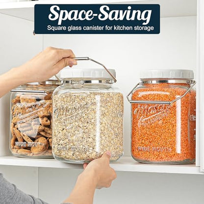 2 Pack Square Wide Mouth Mason Jars, 1 Gallon Glass Jar With Airtight Lid and Scale Marks, 128 FL Oz/3785 ML Food Storage Containers with Handles & Non-slip Bases - for Flour, Rice, Pickling