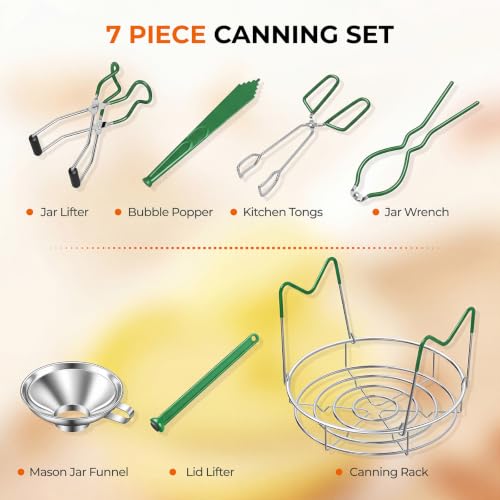 Pisol Canning Supplies Starter Kit, 7 Piece Canning Tools Set with Stainless Steel Rack, Wide Mouth Funnel, Kitchen Tongs, Jar Lifter, Magnetic Lid Lifter, jar Wrench, Bubble Popper - color: Green