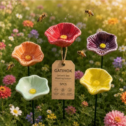 Bee Watering Station for Garden Cups Bird Butterfly Bees Ceramic Drinking and Water Bath Feeder Cup Blossoms Flowers Shaped Design Poppies Bowl Wildlife Feeding 5PCS Watring Pollinator (#5PCS-D) - color: #5PCS-D