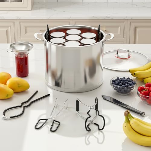 Pisol Canning Supplies Starter Kit, 7 Piece Canning Tools Set with Stainless Steel Rack, Wide Mouth Funnel, Kitchen Tongs, Jar Lifter, Magnetic Lid Lifter, jar Wrench, Bubble Popper - color: Black