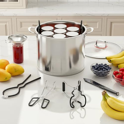 Pisol Canning Supplies Starter Kit, 7 Piece Canning Tools Set with Stainless Steel Rack, Wide Mouth Funnel, Kitchen Tongs, Jar Lifter, Magnetic Lid Lifter, jar Wrench, Bubble Popper - color: Black