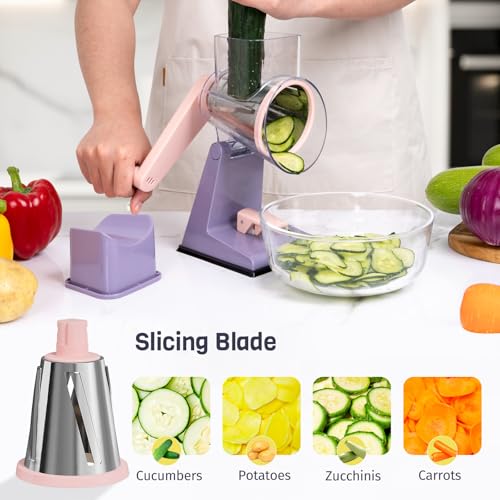 Upgraded Rotary Cheese Grater with 3 Interchangeable Stainless Steel Drums, One-Press Powerful Suction Manual Vegetable Shredder&Slicer for Kitchen, 15pcs Storage Bags Included, Pinkish Purple - color: Pinkish Purple