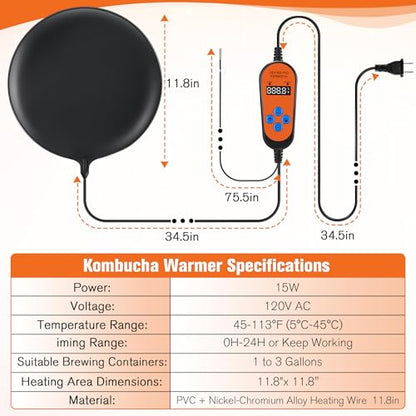 Kombucha Heating Pad with Digital Temperature Control, 11.8" Fermentation Heating Pad, 45-113°F Adjustable Temperature, Proofing Mat for Glass and Plastic Carboy Fermentors(1 Piece)