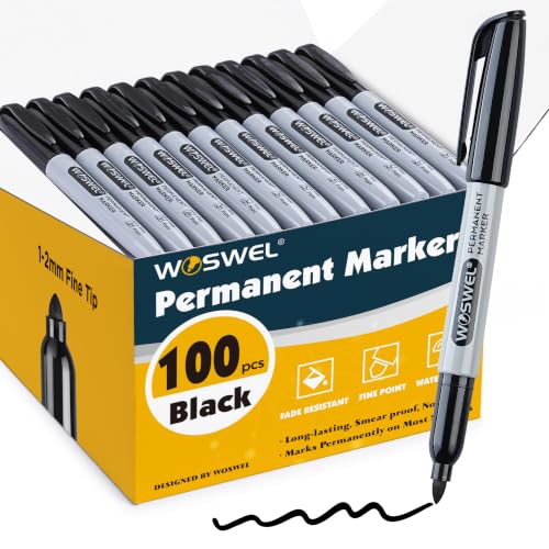 WOSWEL Permanent Markers Bulk, 100 Pack Fine Point Tip Black Permanent Marker Set, Waterproof Markers, Premium Smear Proof Pens, Quick Drying, Office Supplies for School, Office, Home