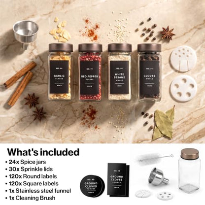 EDELHAUS Glass Spice Jars with Label, 24x Champagne Bronze Steel Lids | Airtight lids keep spices fresh; use as a spice organizer, seasoning containers or 4 oz jar set; funnel, brush & 240 labels - color: Champagne Bronze Stainless Steel Lid