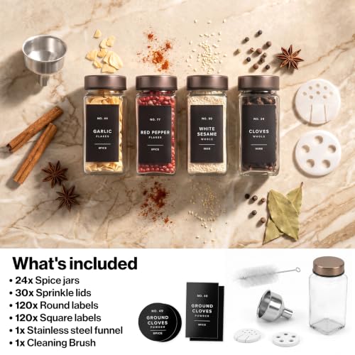 EDELHAUS Glass Spice Jars with Label, 24x Champagne Bronze Steel Lids | Airtight Lids keep spices fresh, Kitchen Spice Drawer Organizer, 4oz Seasoning Containers incl. Funnel, Brush & 240 Labels - color: Champagne Bronze Stainless Steel Lid