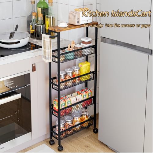 AZERPIAN Slim Rolling Cart 5 Tier Narrow Storage Cart on Wheels with MDF Board Top and Metal Handle for Small Space Kitchen Living Room Home Office Pantry Bathroom Laundry (16.38 x 5.12 x 39.17 inch) - size: 16.38 x 5.12 x 39.17 inch