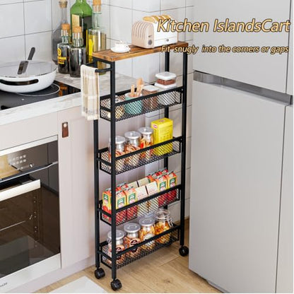 AZERPIAN Slim Rolling Cart 5 Tier Narrow Storage Cart on Wheels with MDF Board Top and Metal Handle for Small Space Kitchen Living Room Home Office Pantry Bathroom Laundry (16.38 x 5.12 x 39.17 inch) - size: 16.38 x 5.12 x 39.17 inch