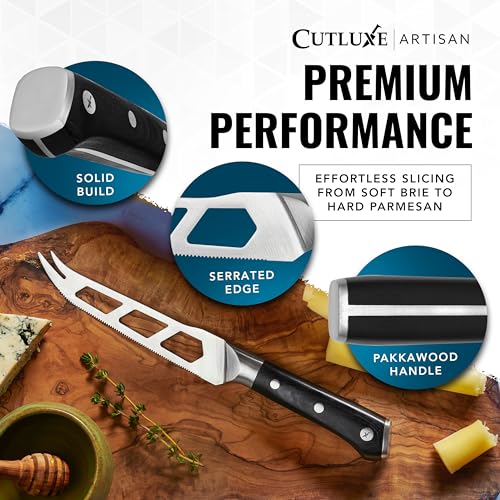 Cutluxe Cheese Knife – 5" Cheese Knife Slicer for Soft and Hard Cheese – Pronged, Serrated & Non Stick Blade – High Carbon German Steel, Full Tang & Ergonomic Handle Design – Artisan Series - size: Cheese Knife