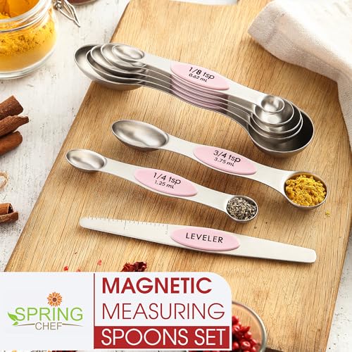 Spring Chef Stainless Steel Magnetic Measuring Spoons Set of 8 with Leveler, Dual Sided Teaspoon & Tablespoon Measuring Spoons with Strong Magnets, Kitchen Gadgets for Baking & Cooking - Pink Lemonade - color: Pink Lemonade, size: 1-Pack