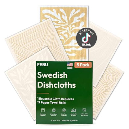 FEBU Swedish Dishcloths for Kitchen | 5 Pack Neutral Reusable Paper Towels Washable | Swedish Dish Towels | Non-Scratch Cellulose Sponge Cloths | No Odor, Biodegradable Cleaning Cloths - color: Neutrals
