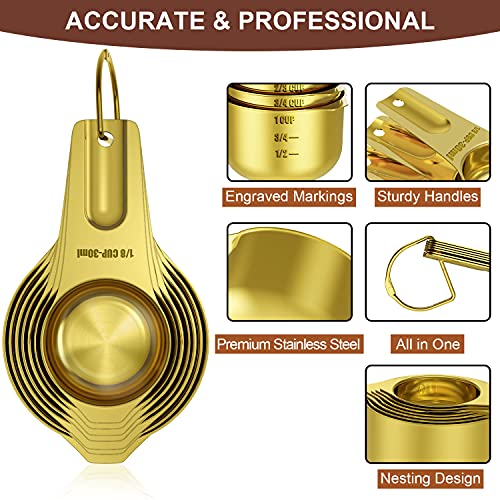 Wildone Gold Measuring Cups & Spoons Set of 21 - Includes 7 Stainless Steel Nesting Measuring Cups, 8 Measuring Spoons, 1 Leveler & 6 Mini Measuring Spoons, Ideal for Dry & Liquid Ingredients - color: Gold