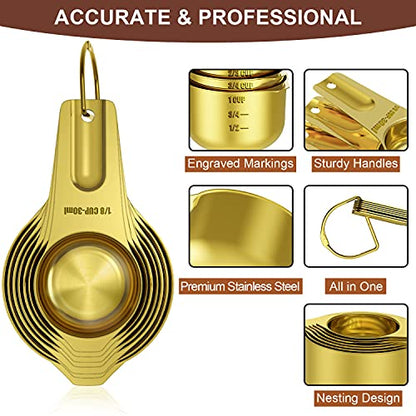Wildone Gold Measuring Cups & Spoons Set of 21 - Includes 7 Stainless Steel Nesting Measuring Cups, 8 Measuring Spoons, 1 Leveler & 6 Mini Measuring Spoons, Ideal for Dry & Liquid Ingredients - color: Gold