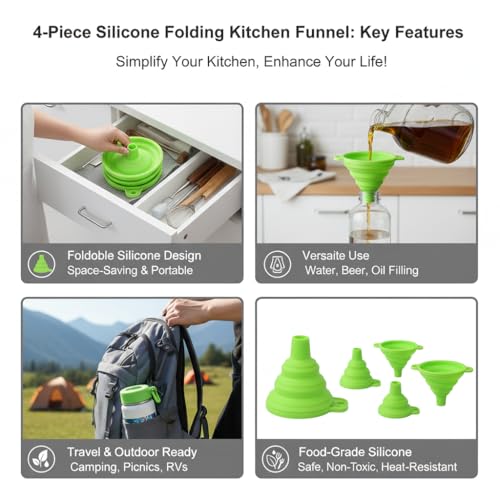4 Pack Silicone Collapsible Kitchen Funnel for Water Beer Oil Filling Bottles ，Foldable Silicone Funnel Set – Collapsible Small & Large Funnels, Water Bottles & Liquid Transfer – Food Grade（Green） - color: green
