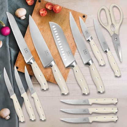 WANGMAZI Knife Set, 15 Pcs Knife Block Set with Built-in Sharpener, High Carbon Stainless Steel Kitchen Knives, Japanese Stainless Steel Knives, Home Essentials Perfect for Gifts, Natural Pro - color: 02-Natural Pro