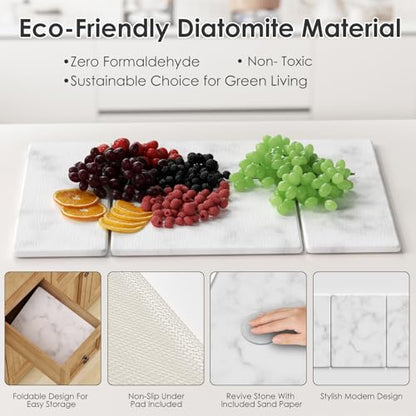 3 PCS Large Stone Dish Drying Mat for Kitchen Counter -24"x16" Absorbent Diatomaceous Earth Mat with Stone Faucet Mat & Soap Tray - Quick Dry, Collapsible, Non-Slip Countertop Organizer - color: Gray Marble