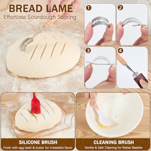 Sourdough Starter Kit, Sourdough Bread Baking Supplies -10" Round Oval Banneton Proofing Baskets, 32 oz Sourdough Starter Glass Jar, Bread Making Tools, for Bread Making/Baking Fermentation
