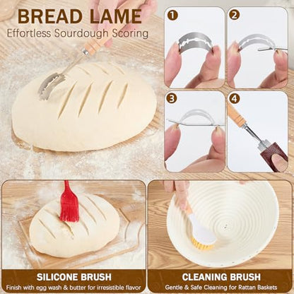 Sourdough Starter Kit, Sourdough Bread Baking Supplies -10" Round Oval Banneton Proofing Baskets, 32 oz Sourdough Starter Glass Jar, Bread Making Tools, for Bread Making/Baking Fermentation