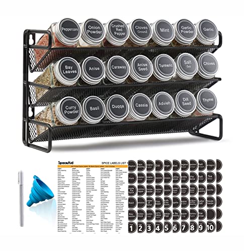 SpaceAid Spice Rack Organizer with 21 Spice Jars, 386 Spice Labels, Chalk Marker and Funnel Set for Cabinet, Countertop, Pantry, Cupboard or Door & Wall Mount - 21 Jars, 13.4" W × 9" H, Black - color: Black, size: 21 Jars, 13.4" W × 9"H