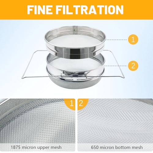 BeeTech Stainless Steel Honey Strainer Double Sieve, Beekeeping Extractor Equipment Mesh Filter for Beekeepers Honey Extraction