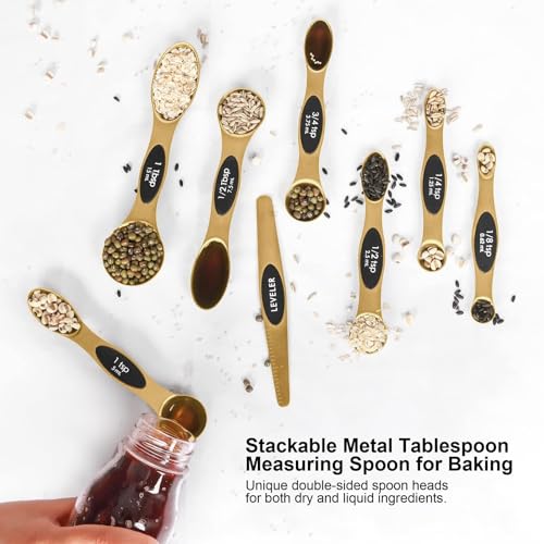 Magnetic Measuring Spoons Set Stainless Steel with Leveler, Stackable Metal Tablespoon Measure Spoon for Baking, Measuring Cups and Spoon Set Kitchen Gadgets Apartment Essentials Fits - color: Gold