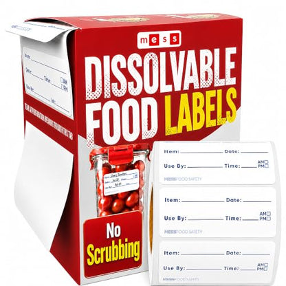Dissolvable Food Labels, 1x2 in, 200/Roll, Canning Mason Jar Removable | Melts away in 30 seconds in water, no soaking, scrubbing, or residue, write on with pen or marker, deli cups, meal prep - size: 1x2"
