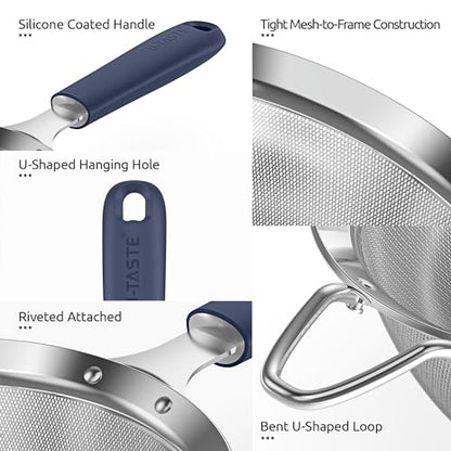 U-Taste Medium Fine Mesh Strainer: 18/8 Stainless Steel 4.73in 30 Mesh Kitchen Food Sieve with Sturdy Riveted Silicone Handle, Heavy Duty Deep Handheld Metal Colander for Rice, Quinoa(Midnight Blue) - color: (3) Midnight Blue, size: M-4.73in
