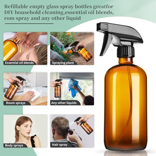 GIVAMEIHF 16oz Amber Glass Spray Bottles,4 Pack Glass Spray Bottles Refillable Empty Bottle with Adjustable Nozzle,Spray Bottle for Cleaning,Essential Oils,Cleaning,Pets,Plant, Hair Mister