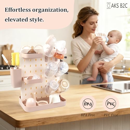 Baby Bottle Drying Rack Space Saving Countertop Vertical Rack with Brushes Holder (Pink) - color: Pink