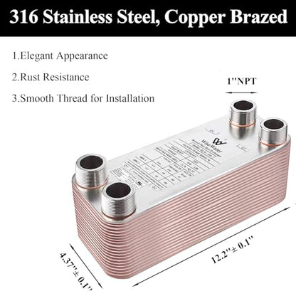 AB Plate Heat Exchanger, 4"x12" 30 Plates Water To Water Heat Exchanger, Copper/SS316L Stainless Steel Brazed Plate Heat Exchanger For Floor Heating, Water Heating, Snow Melting