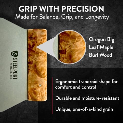 Steelport Bench Scraper | USA Made Dual Edge Stainless Steel Dough Cutter | 18-Gauge Steel Blade, Tapered Maple Burl Handle | Kitchen Gadgets for Bakers, Professionals, Home Cooks | Gift for Bakers